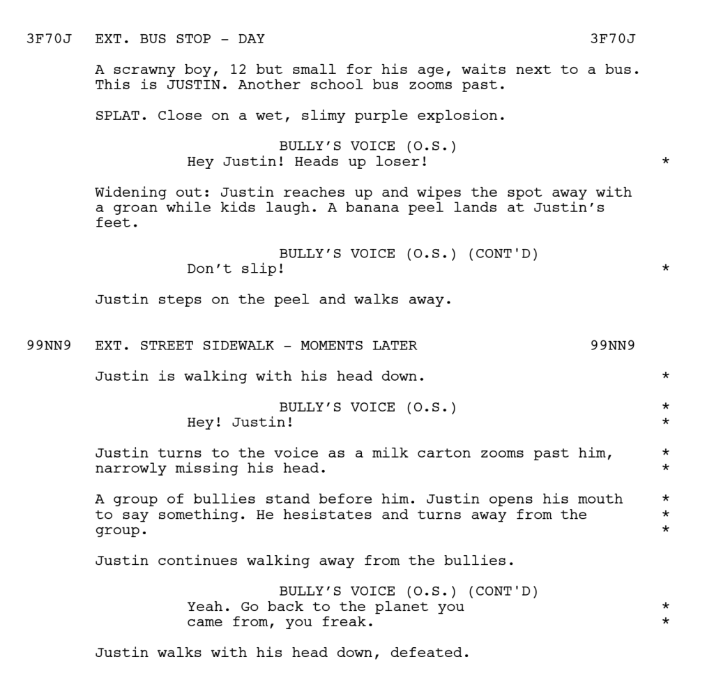 A page from the shooting script of the animated short film Justin and the Werloobee based on the children's book Fruit of the Vine